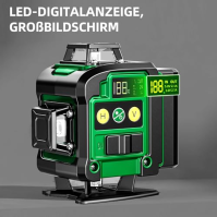 Křížová laserová vodováha zelená, 4 x 360° laserová vodováha 30M, 16 čar laserové čáry s digitálním LED displejem, prachotěsná l